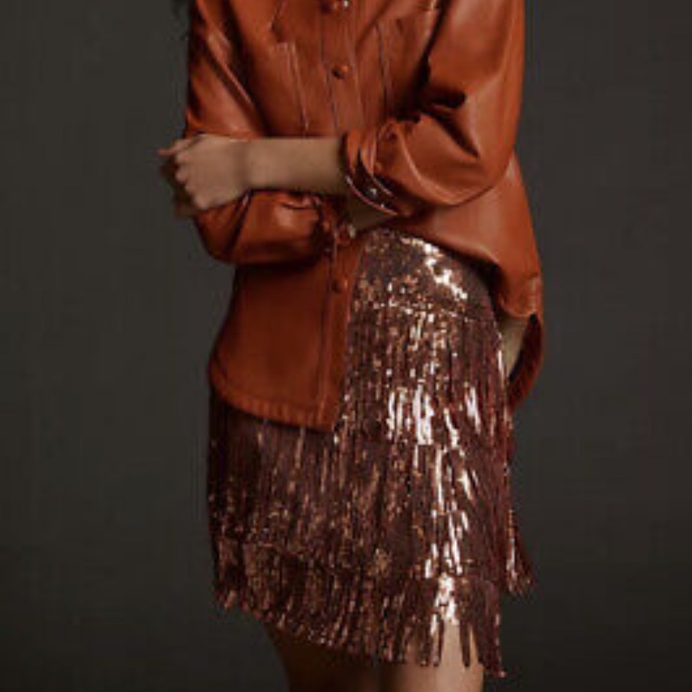 NWT Anthropology Maeve Fringed Sequined Mini Skirt in Blush Bronze